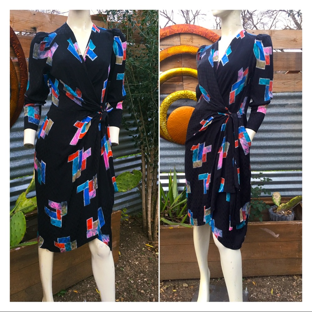 Incredible 80's VTG 100% Silk Argentina Geo Print Wrap Dress Ruched Skirt